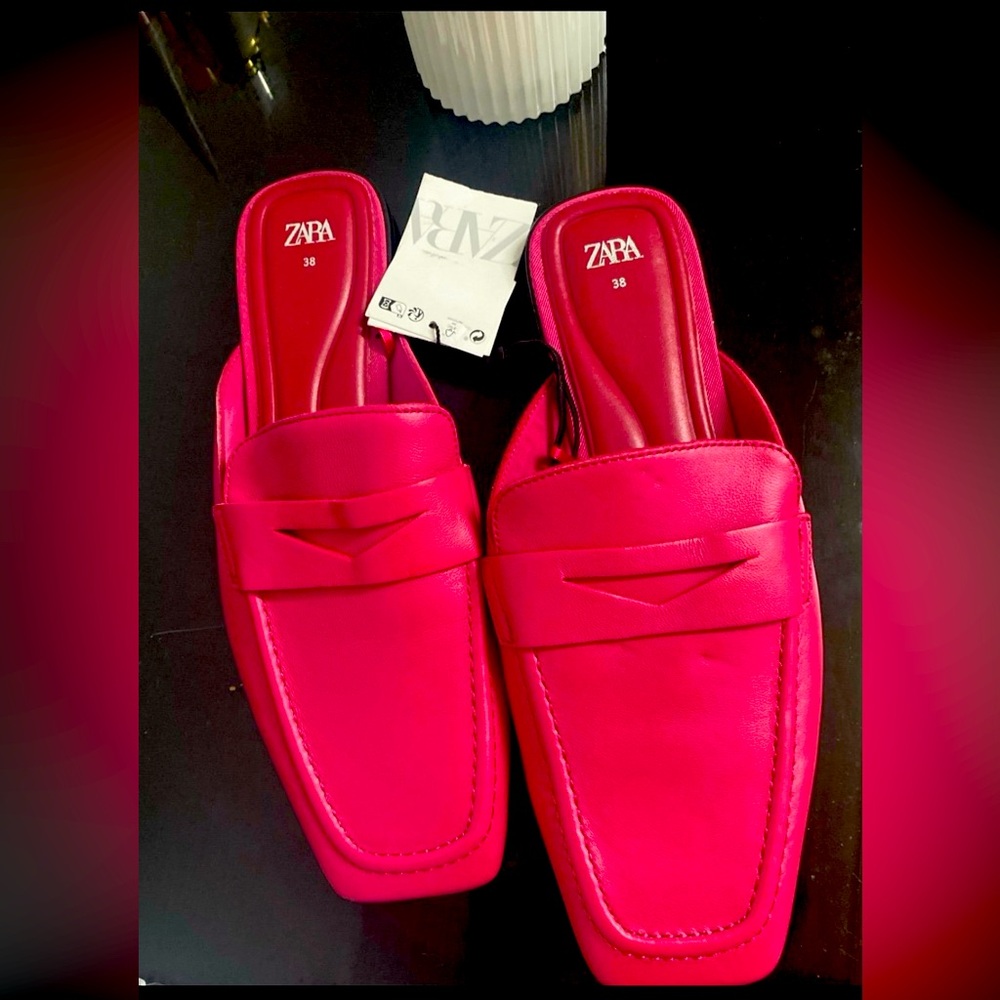 Fuchsia ZARA Women's Soft Leather Penny Loafer Flat Mules Sz 7.5